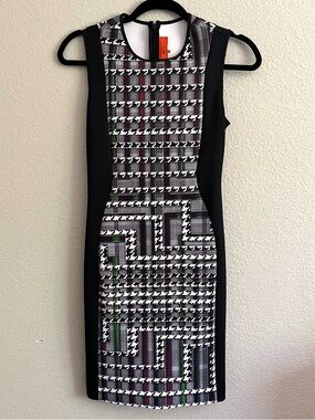 Clover Canyon Black & White Houndstooth Midi Dress with Subtle Color Accents